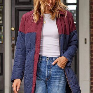 Blue and burgundy quilted coat